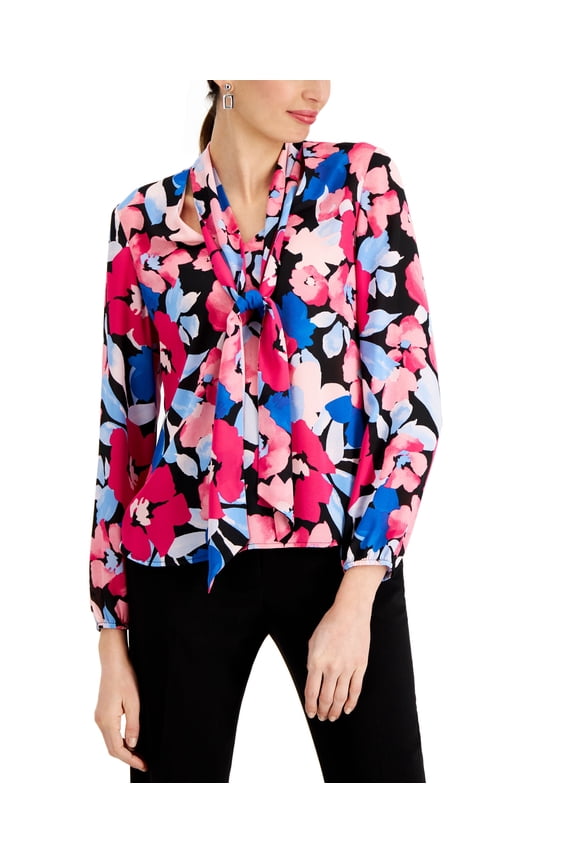 Printed Tie Neck Long Sleeve Top Pink Perfection Combo S