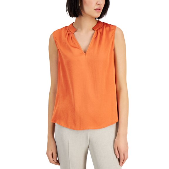 Kasper Sleeveless Split Neck Top Papaya S