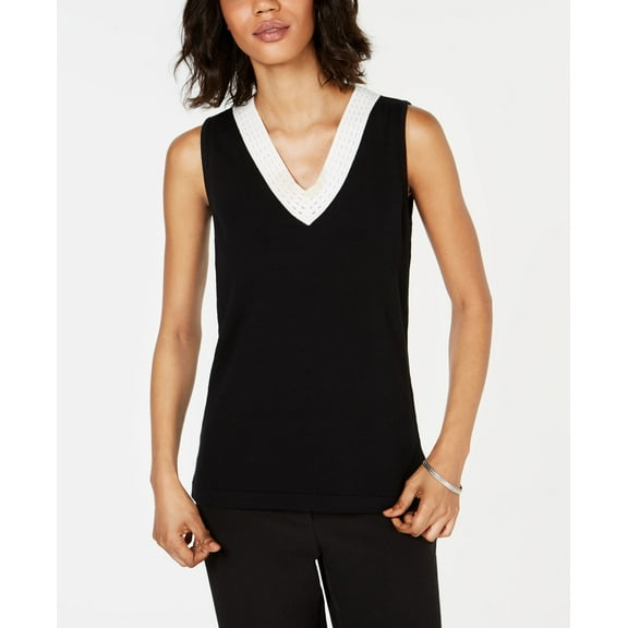 Kasper Sleeveless V Neck Colorblocked Top Black/ Vanilla Ice XS