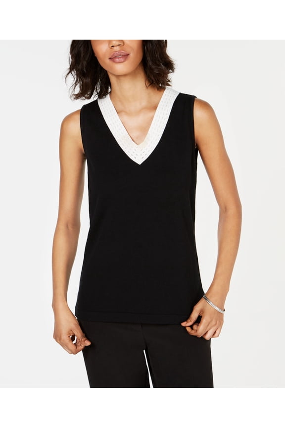 Sleeveless V Neck Colorblocked Top Black/ Vanilla Ice XS