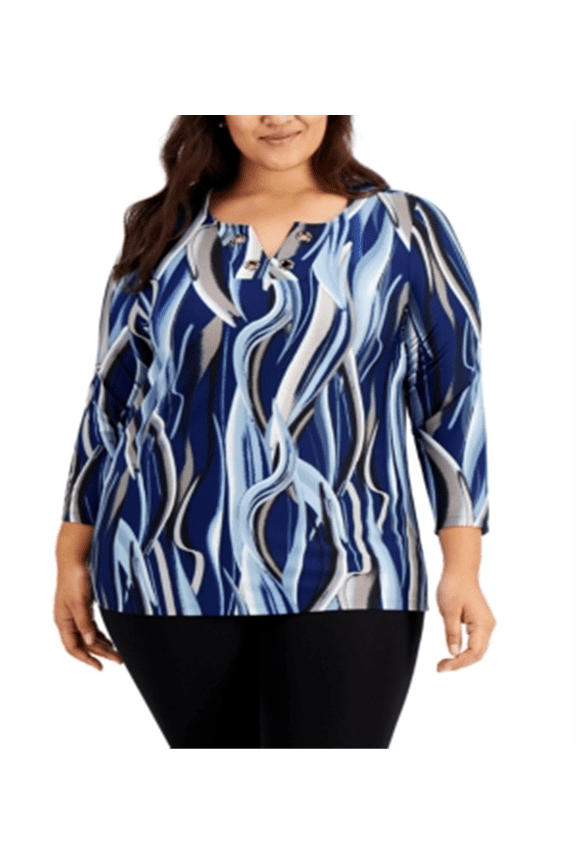 Women's Printed Grommet Trim Blouse Blue Size 2X