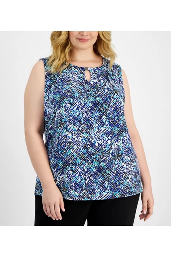Women's Printed Pleated Keyhole-Neck Top Vanilla Ice Multi Plus Size 3X