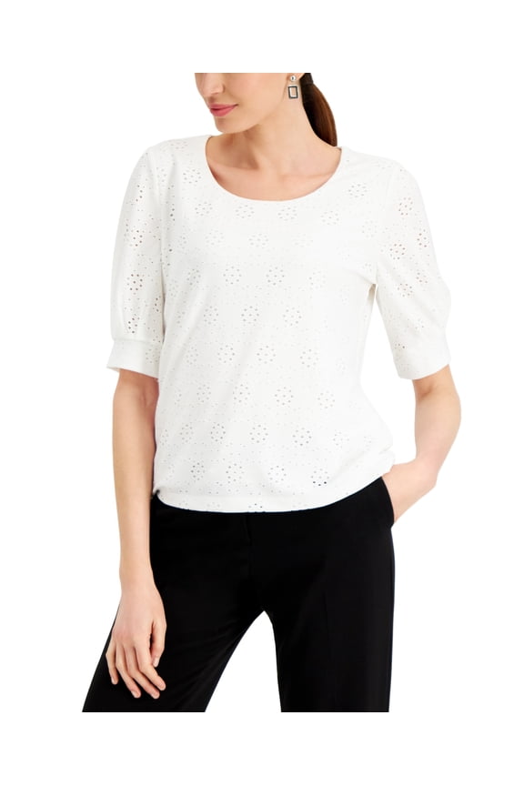 Women's Short Puffed Sleeve Eyelet Top White Size Petite Large