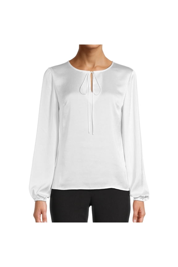 Womens Tie Neck Pullover Blouse, White, X-Small