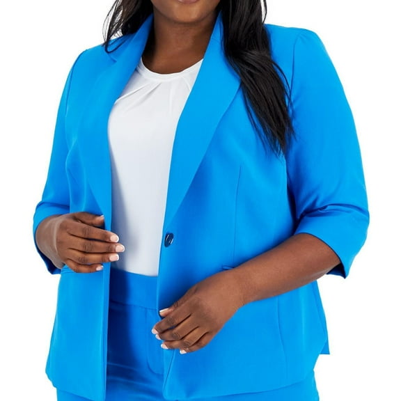 Kasper Womens 3/4 Sleeve One Button Blazer Jacket, Blue, Plus Size, 14W