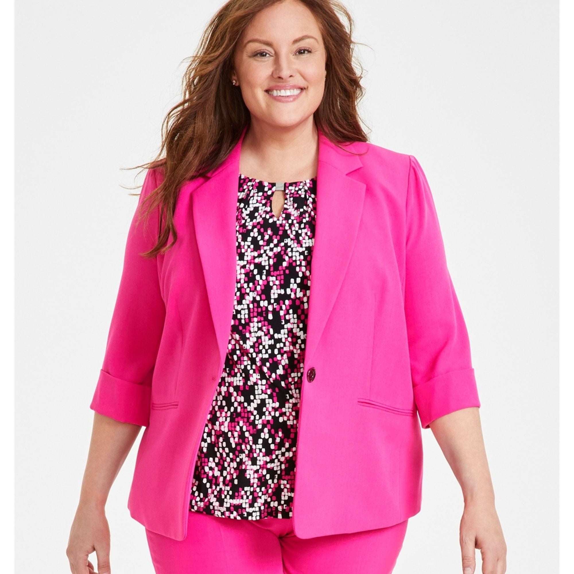 Kasper Womens 3/4 Sleeve One Button Blazer Jacket, Pink, Plus Size