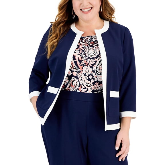 Kasper Womens Color Contrasting Trim Blazer Jacket, White, Plus Size, 22W