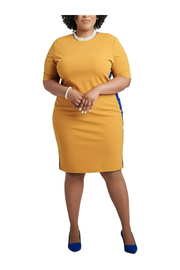 Women's Ellen Crewneck Side-Stripe Shift Dress Kasper Gold/Royal Blue XS