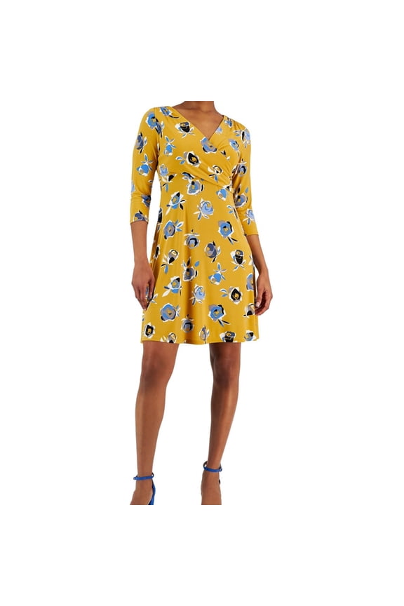 Womens Floral 3/4 Sleeve Fit & Flare Dress, Multicoloured, X-Large