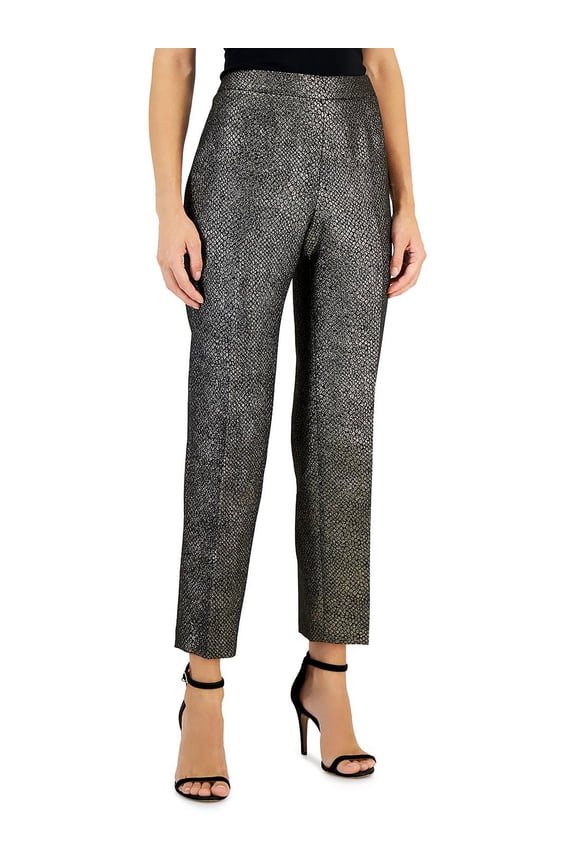 Womens Metallic Shimmer Jacquard Slim Ankle Pants Blackgold 10