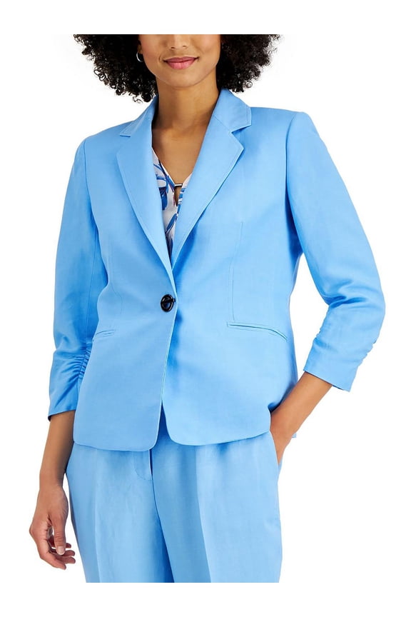 Ruched Sleeve Linen Blend Blazer Clear Sky 16