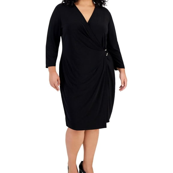 Kasper Womens O-Ring Wrap Midi Dress, Black, Plus Size, 3X