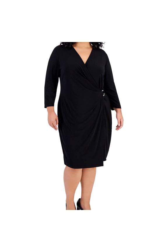 Womens O-Ring Wrap Midi Dress, Black, Plus Size, 3X