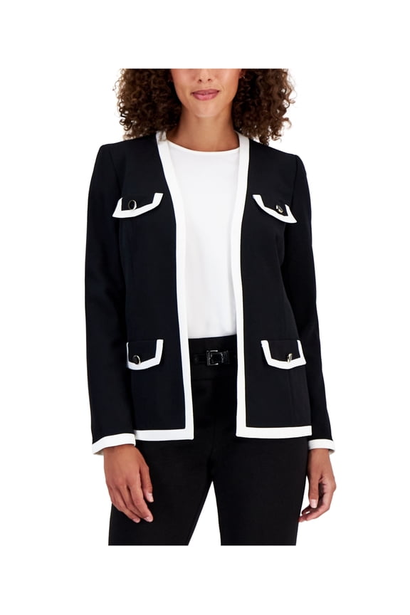 Womens Petites Contrast Trim Collarless Open Front