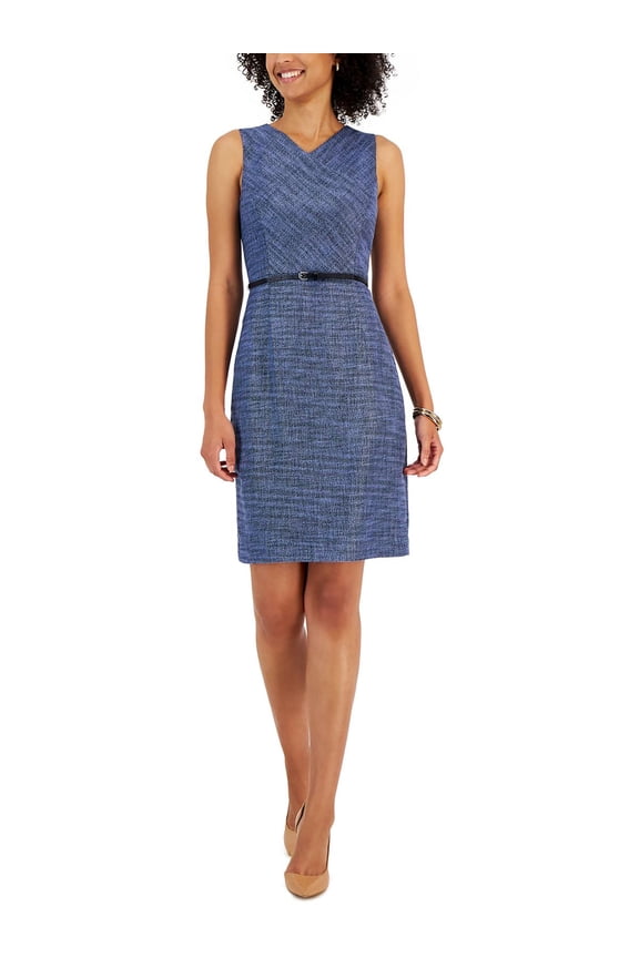 Womens Petites Tweed Sleeveless Fit & Flare Dress