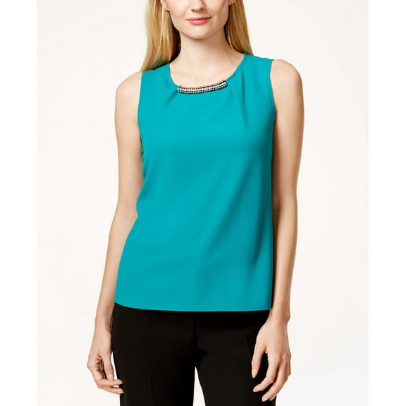 Kasper Lagoon Womens Large Embellish-Neck Blouse Lagoon L