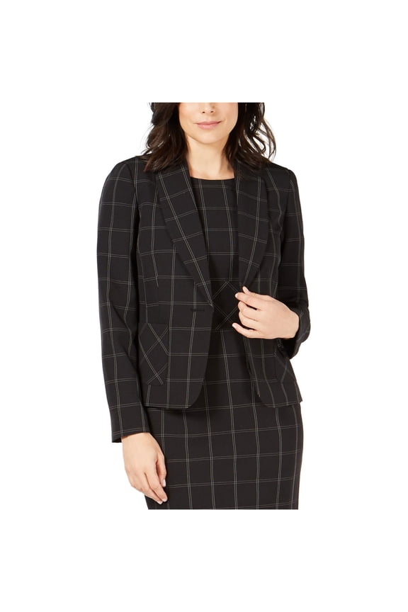 Womens Plaid One-Button Blazer Jacket, Black, 14