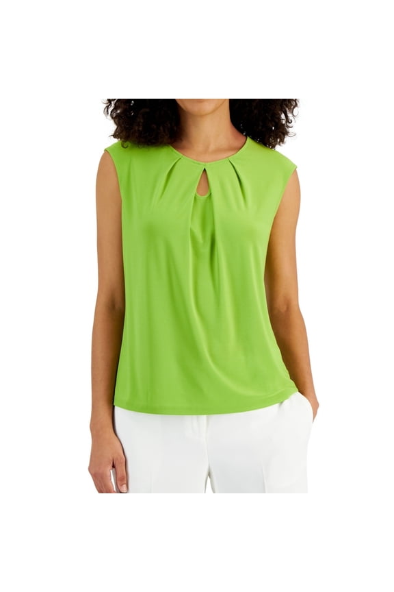 Womens Pleated Neckline Sleeveless Blouse Top, Green, Petite, P/PS