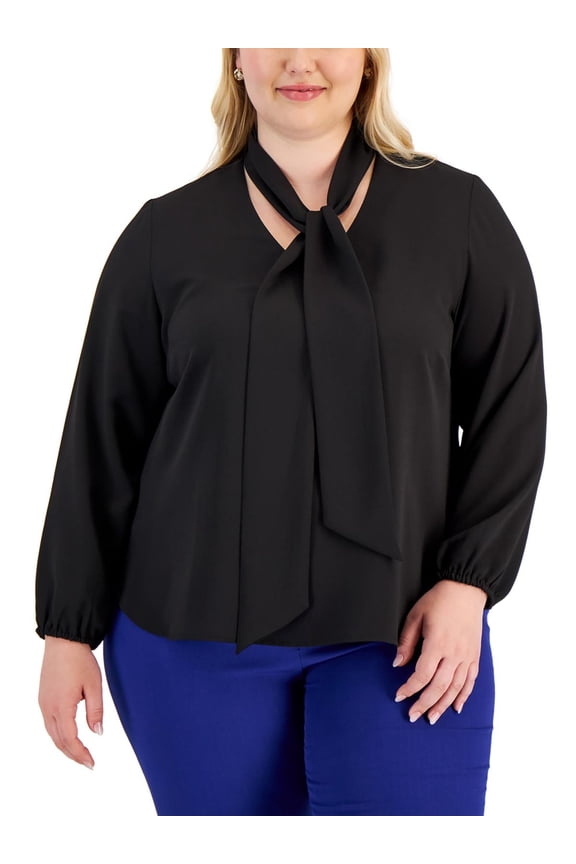 Womens Plus Chiffon Tie Neck Blouse