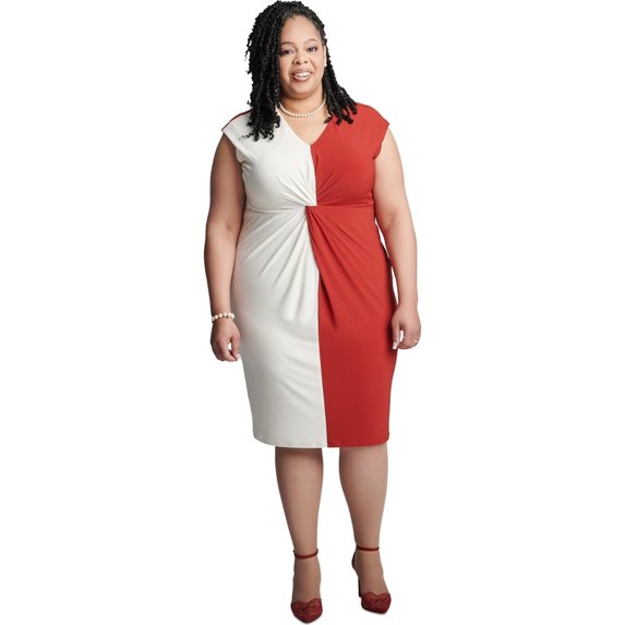 Kasper Womens Plus Colorblock Work Wear Midi Dress