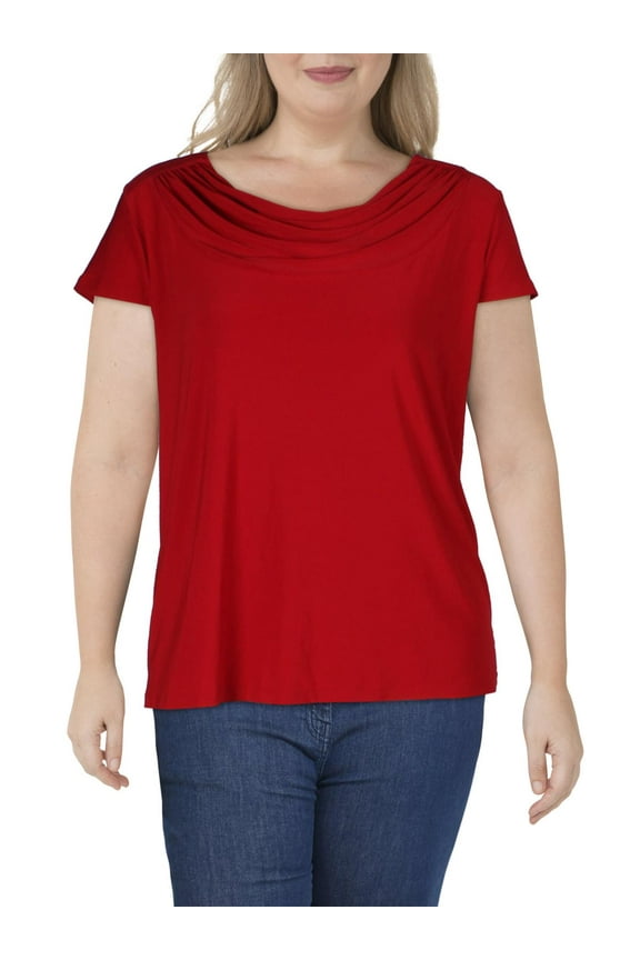 Plus Size Stretch Knit Short-Sleeve Cowl-Neck Top Crimson 2X