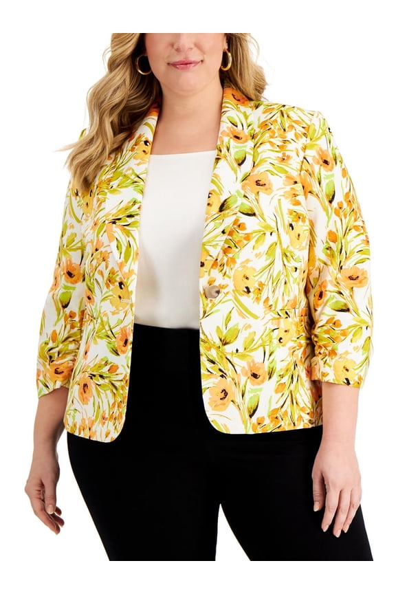 Womens Plus Linen Blend Floral Print One-Button Blazer
