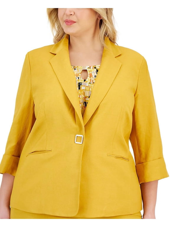Womens Plus Linen Office One-Button Blazer