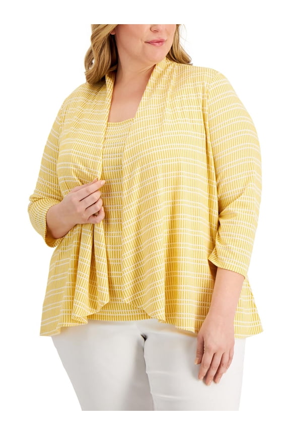 Plus Size Printed 3/4 Sleeve Blazer Honeycomb Lily White 3X