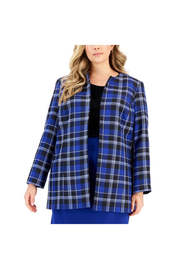Womens Plus Plaid Open-Front Blazer