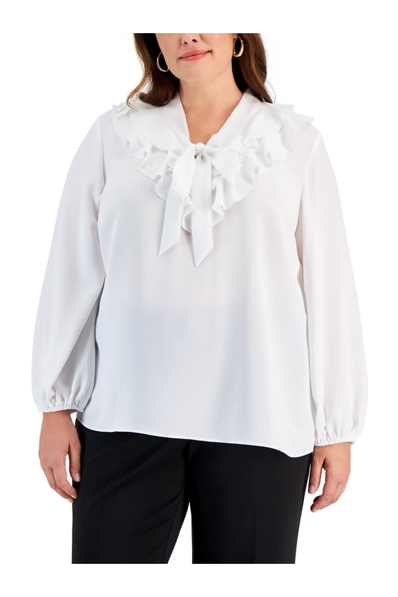 Womens Plus Ruffled Tie Neck Blouse