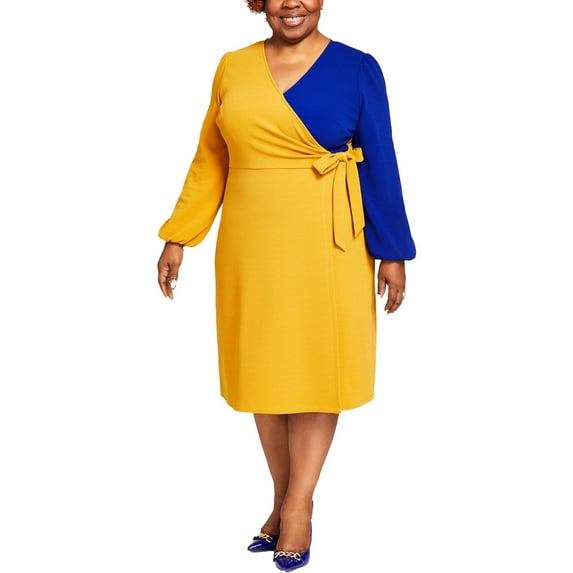 Kasper Womens Plus Colorblock Textured Midi Dress