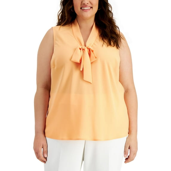 Kasper Womens Plus Tie Neck Shell Blouse Orange Blossom 3X