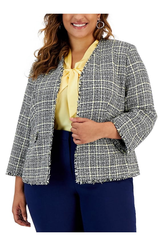 Womens Plus Tweed Fringe Trim Open-Front Blazer