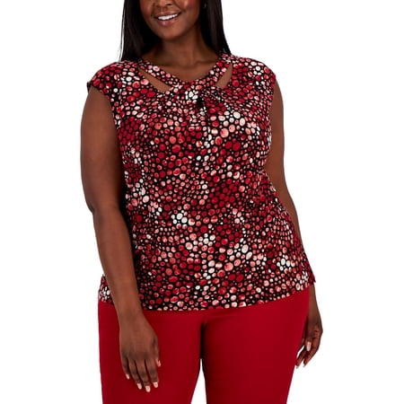 Plus Size Printed Stretch Knit Sleeveless Twist-Neck Top Crimson Multi 3X