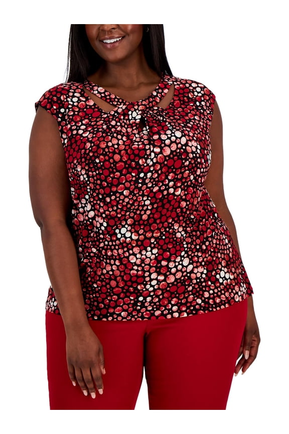 Plus Size Printed Stretch Knit Sleeveless Twist-Neck Top Crimson Multi 3X