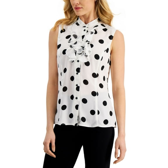 Kasper Womens Polka Dot Sleeveless Ruffled Button Down Top Lily White/Black 16