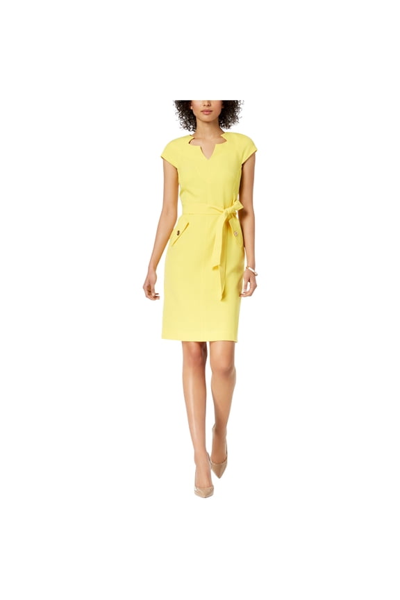 Womens Solid Belted Sheath Dress, Yellow, 18