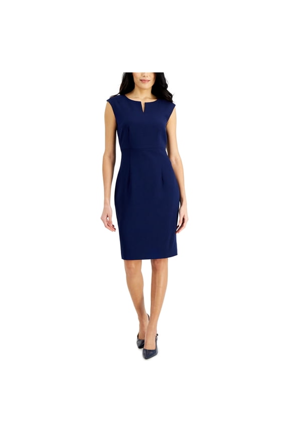 Womens Notched Neck Sheath Dress, Blue, 16