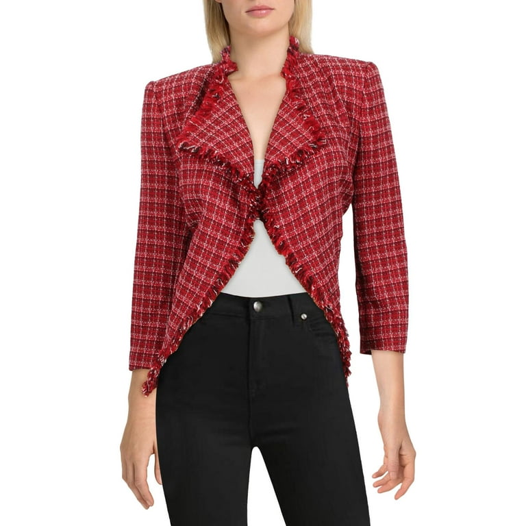 Kasper Womens Tweed Frayed Hem Collarless Blazer