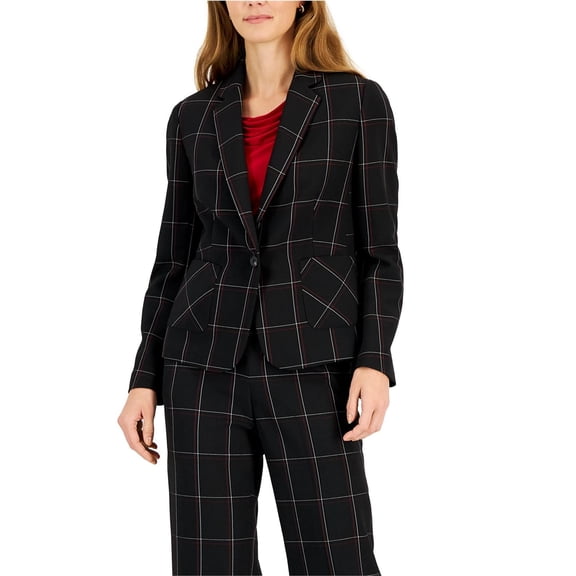 Kasper Womens Window Pane Notch Collar One-Button Blazer