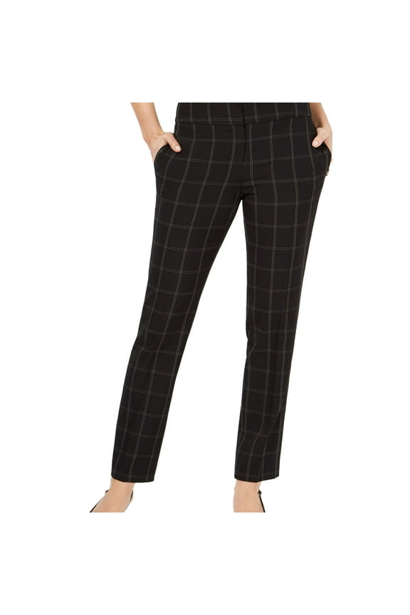 Womens Windowpane Casual Trouser Pants, Black, 4