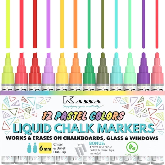 Kassa 10-Pack 6mm Pastel Multicolor Chalk Markers | With 4 Bullet & Chisel Dual Tips | Works on Chalkboards, Windows, Glass or Mirrors | Erasable & Dust-Free | Ideal for Use at Home, School & Office