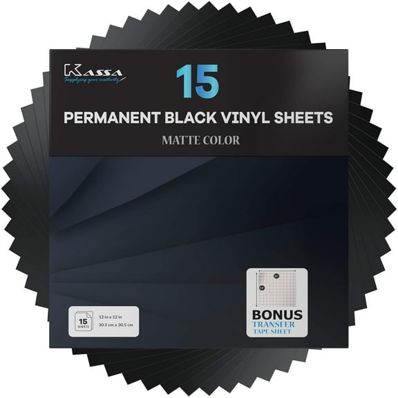 Kassa 15-Piece Permanent Vinyl Sheets - Black | 12" x 12" with a Transfer Sheet Included | Compatible with Cricut, Silhouette & Other Cutting Machines | For DIY Art Projects, Styling & Decorating
