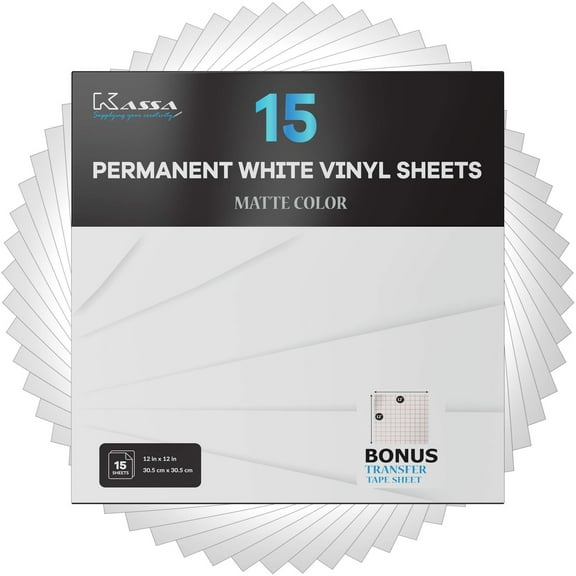 Kassa 15-Piece Permanent Vinyl Sheets - White | 12" x 12" with a Transfer Sheet Included | Compatible with Cricut, Silhouette & Other Cutting Machines | For DIY Art Projects, Styling & Decorating