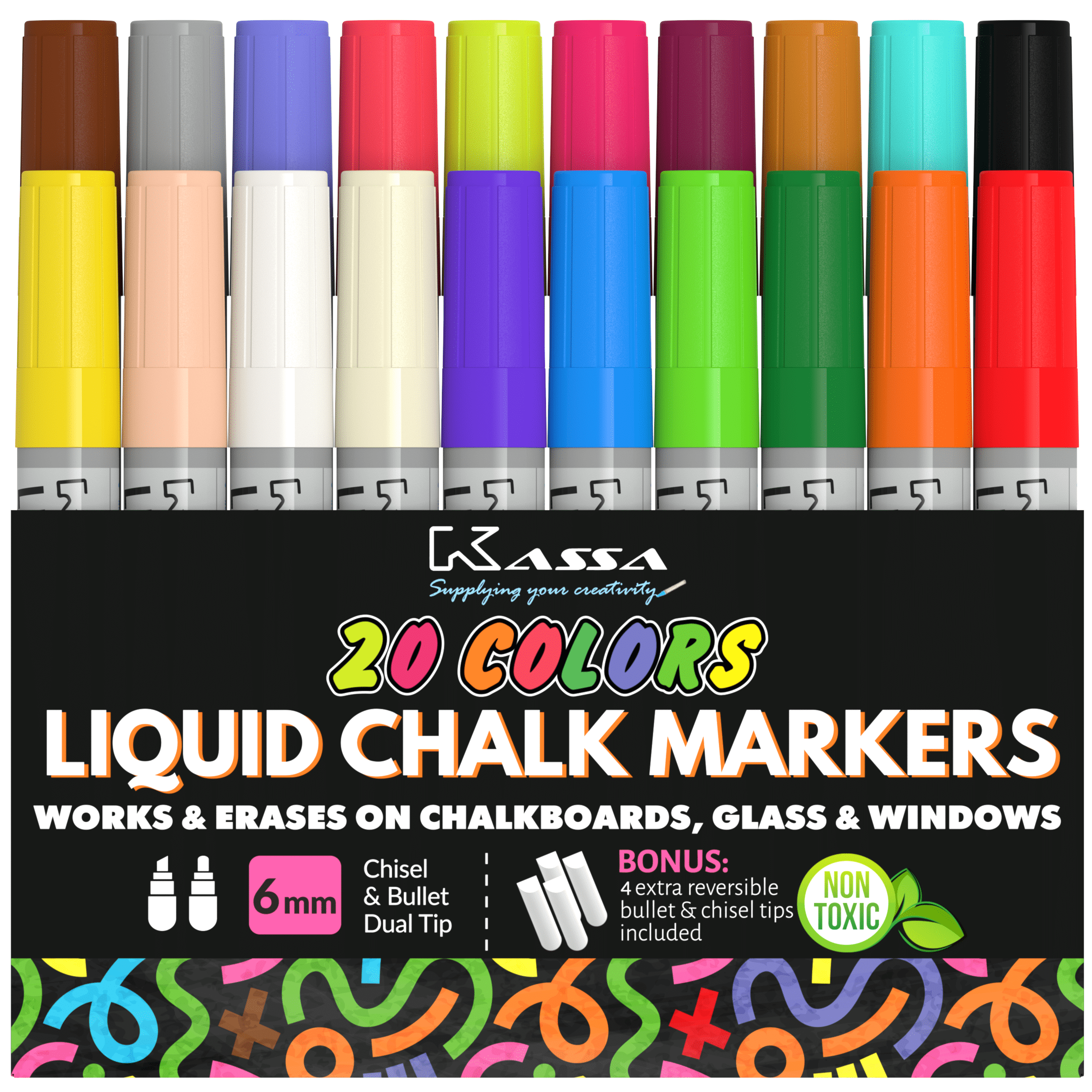Kassa 20-Pack Liquid Chalk Markers | Includes 20 Colors with Reversible Bullet & Chisel Tips | Works on Chalkboards, Windows & Glass | Erasable & Dust-Free | Ideal for Use at Home & Office