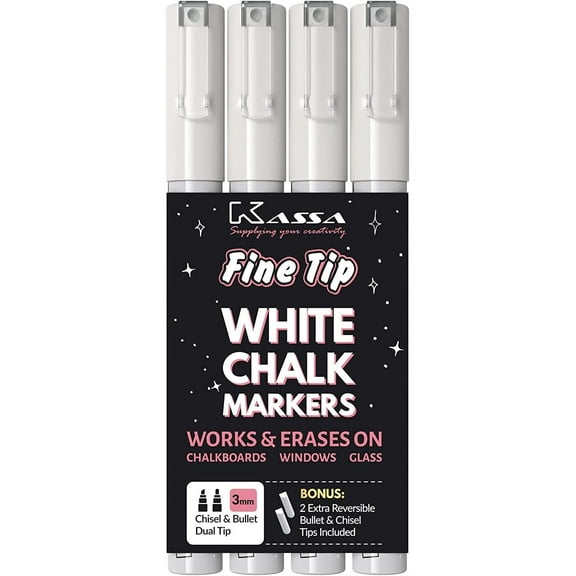 Kassa 4-Pack Fine Tip White Chalk Markers | Includes 2 3mm Reversible Bullet, Chisel Tips | Works on Chalkboard, Blackboard, Windows & Mirrors | Erasable & Dust-Free | Ideal Use at Home, Office