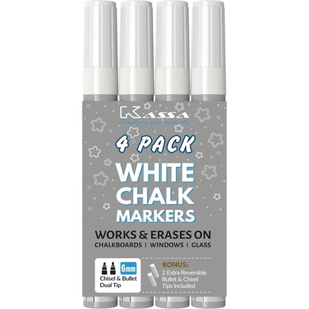 Kassa 4 Pack White Chalk Markers, Includes 2 6mm Reversible Bullet & Chisel Tips, Works on Chalkboard, Windows, Glass or Mirrors, Erasable & Dust-Free, Ideal Use at Home, School, Office & More