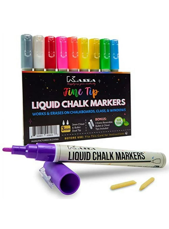 Kassa Chalk Markers - 10 Pack, Neon Multicolor - Fine Tip: Includes Silver & Gold; Erasable for Blackboard, Windows, Glass or Mirror; Non-Toxic Washable Chalk Board Paint Pens with Reversible Tip