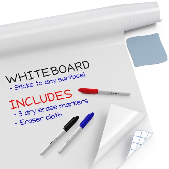 Kassa Large Whiteboard Wall Sticker Roll - 17.3" x 96? (8 Feet) - 3 Dry Erase Board Markers Included - Adhesive White Board Wallpaper for Fridge, Office