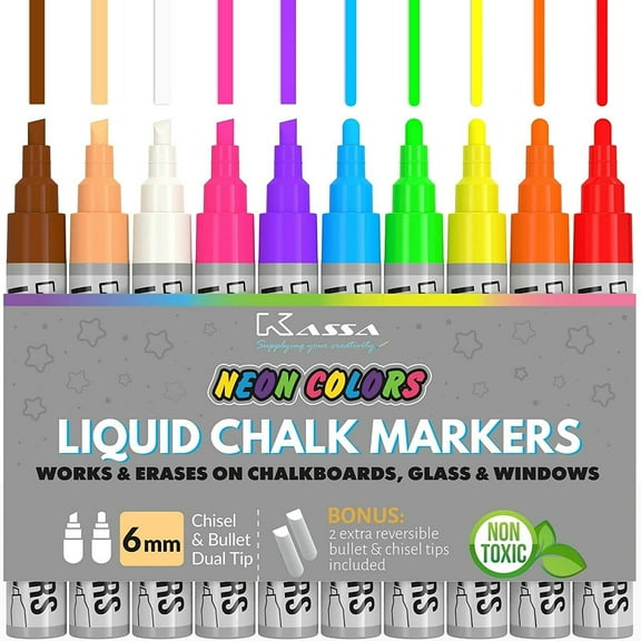 Kassa Liquid Chalk Markers Blackboards Neon Colors) - Chalkboard Marker Erases on Glass, Window, Black Board, Chalk Pens Include Reversible Bullet - Non-Toxic Ink